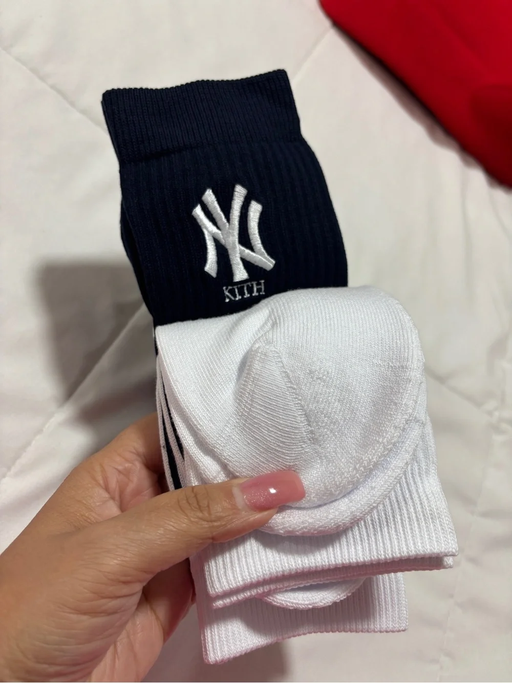 Kith White Crew Socks with Black Pinstripes & NY Logo (3-Pack)